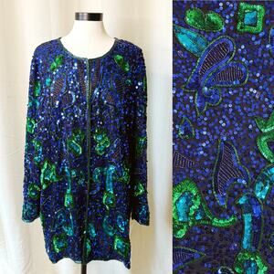 VTG 80s Roaman’s 100% Silk Sequin Beaded Glitter Jacket